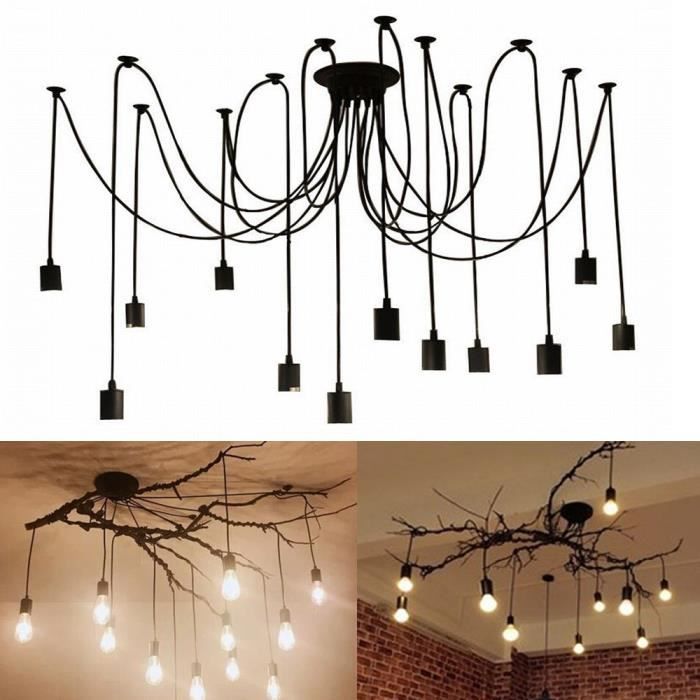 UNI Rétro Vintage Lustre Suspension Araigné Industrielle 12 Lumières Noir