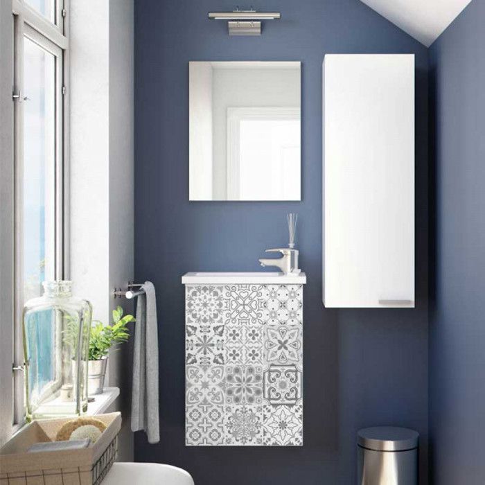 meuble lave main 40 cm + miroir carreaux de ciment - plimi - gris - salle de bain complète