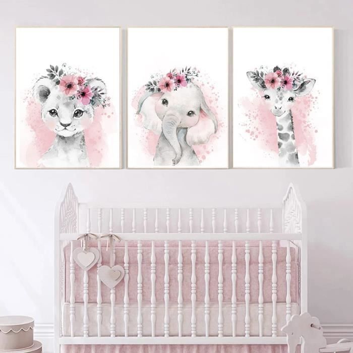 3 Affiches Animaux Chambre Bebe Fille Rose Tableau 30x40cm Poster
