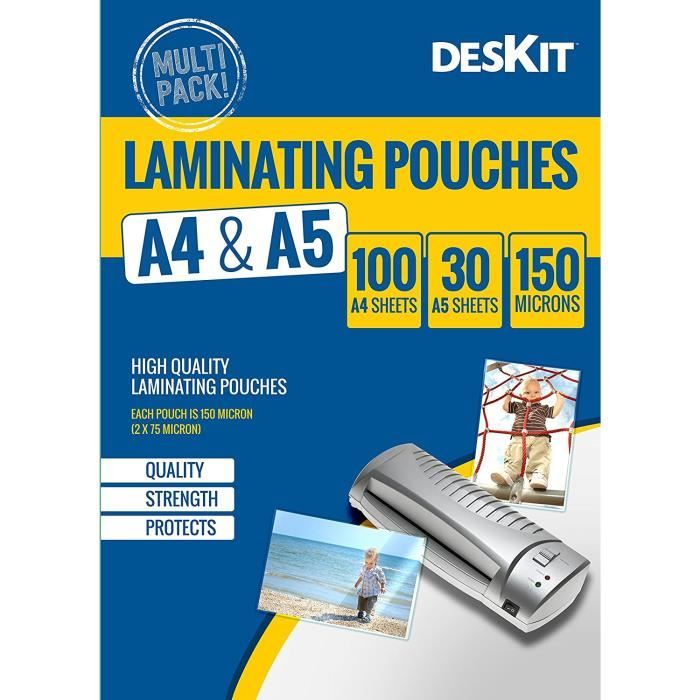 Pochettes Plastification Deskit A4 - Lot De 120, Brillant, 150 Microns - Pour Documents Durables Et Pro