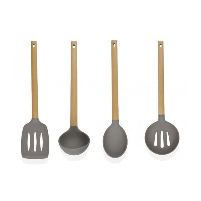 Set De 4 Ustensiles De Cuisine En Bois Et Silicone Gris à