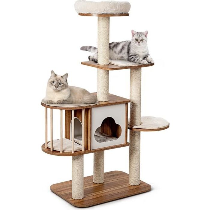 COSTWAY Arbre à Chat Design Vesper H142cm en Bois avec Plate-Forme Griffoir et Coussins Lavables Centre d'Activités pour Chat/Chaton