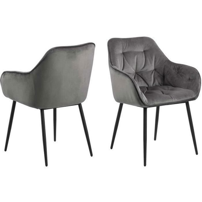 cette chaise capitonnée lynn avec accoudoirs est recouverte de velours gris foncé et apporte un aspect chic et luxueux à votre