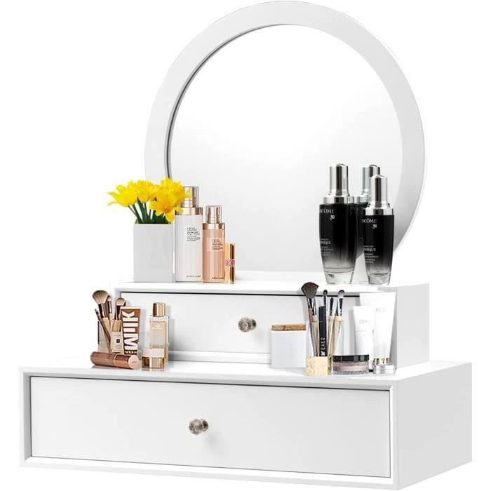 coiffeuse avec miroir rond - goplus - 2 tiroirs amovibles - blanc - meuble de chambre