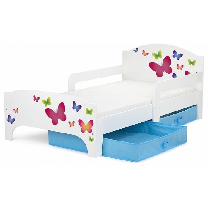 Moderne Lit dEnfant 160000M.NSZ Toddler 140/70 cm motif Papillons Lit pour enfant avec rangement + matelas tiroirs bleus Moderne Lit dEnfant 160000M.NSZ Toddler 140/70 cm motif Papillons Lit pour enfant avec rangement + matelas tiroirs bleus