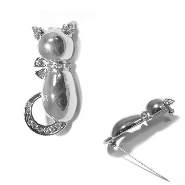 Broche Chat Métal Argenté Avec Strass - Neuf Sans Emballage