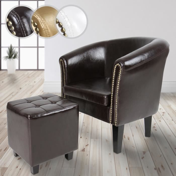 fauteuil chesterfield miadomodo® - simili cuir marron - accoudoirs en cuivre - meuble de salon