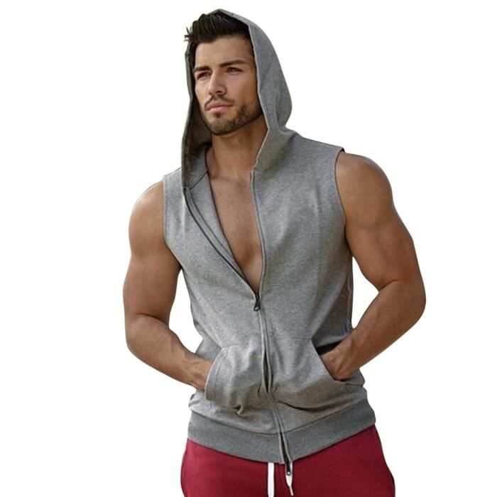 Débardeur Sweat à Capuche Musculation Sport Hommes Noir