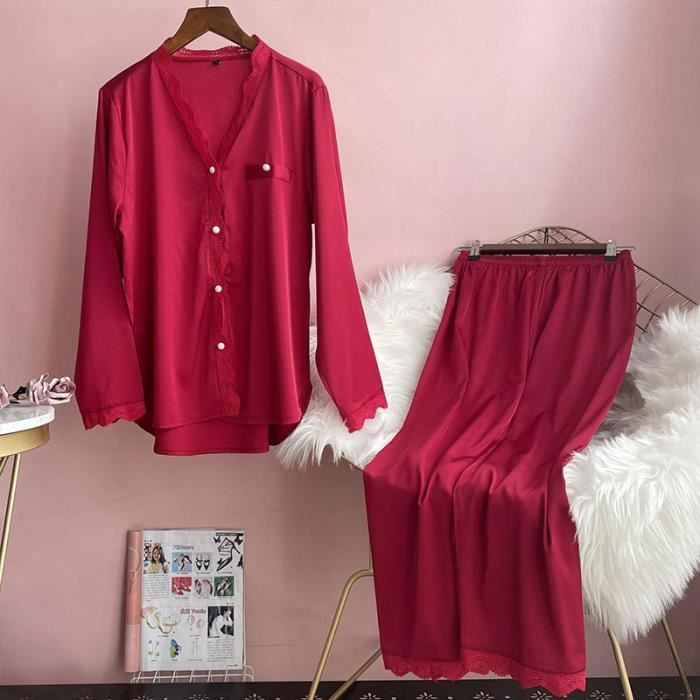 Pyjama femme long,Ensemble pyjama en Satin et soie à manches longues ...