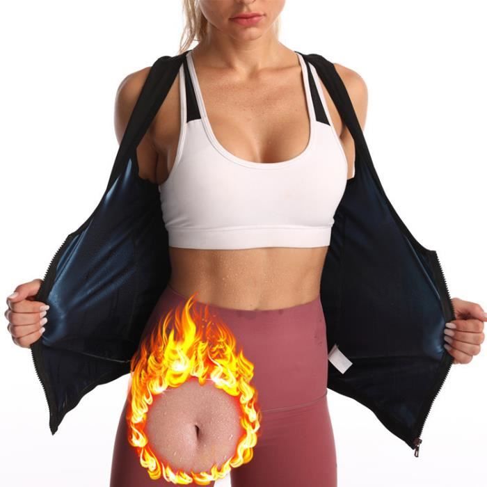 femme gilet zippé de sudation corset amincissant pour fitness ventre plat minceur sauna débardeur
