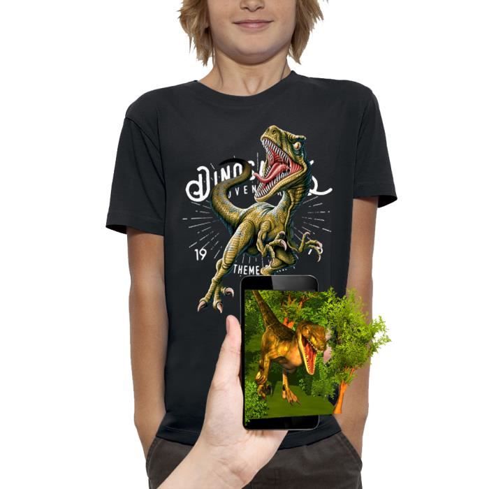 t-shirt 3d animé dinosaure velociraptor - pixel evolution - enfant - coupe ajustée - 100% coton bio
