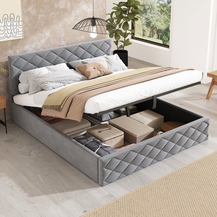 Lit Coffre Adulte 140 x 200 cm - Tissu en Flanelle - Sommier Inclus - Tête de Lit Réglable - Scandinave - Gris