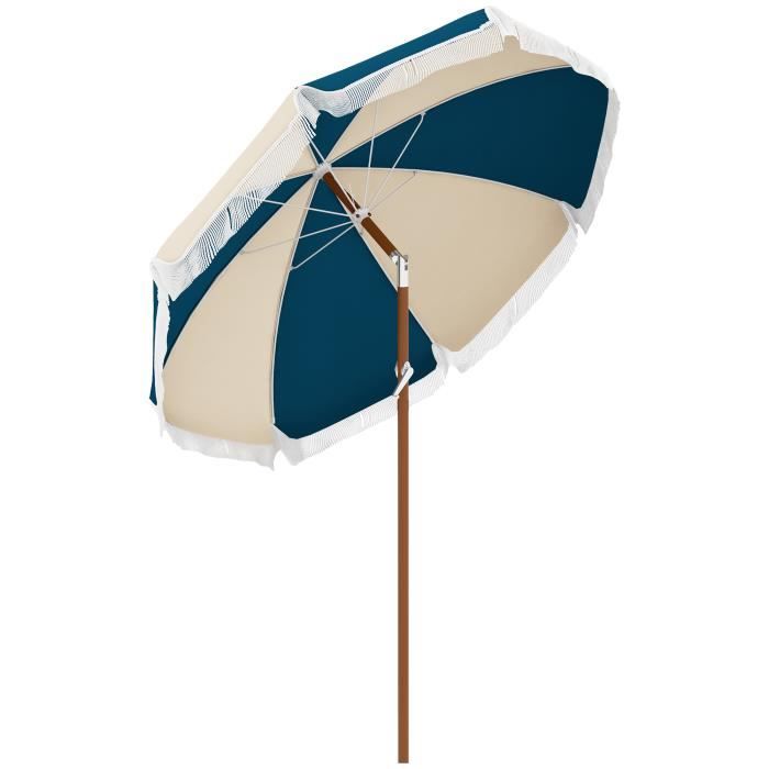Parasol inclinable de jardin Ø 213 cm style vintage franges bleu beige