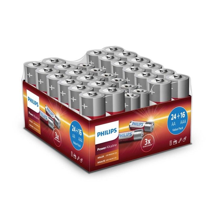 Piles alcalines Philips - Emballage 40 pièces - 24x AA + 16x AAA