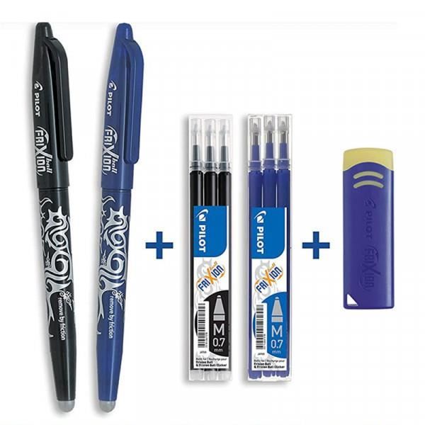 Lot de 2 stylos FriXion Ball pointe moyenne 0.7mm noir bleu Pilot + 2 étuis  de 3 recharges + gomme - Cdiscount Beaux-Arts et Loisirs créatifs