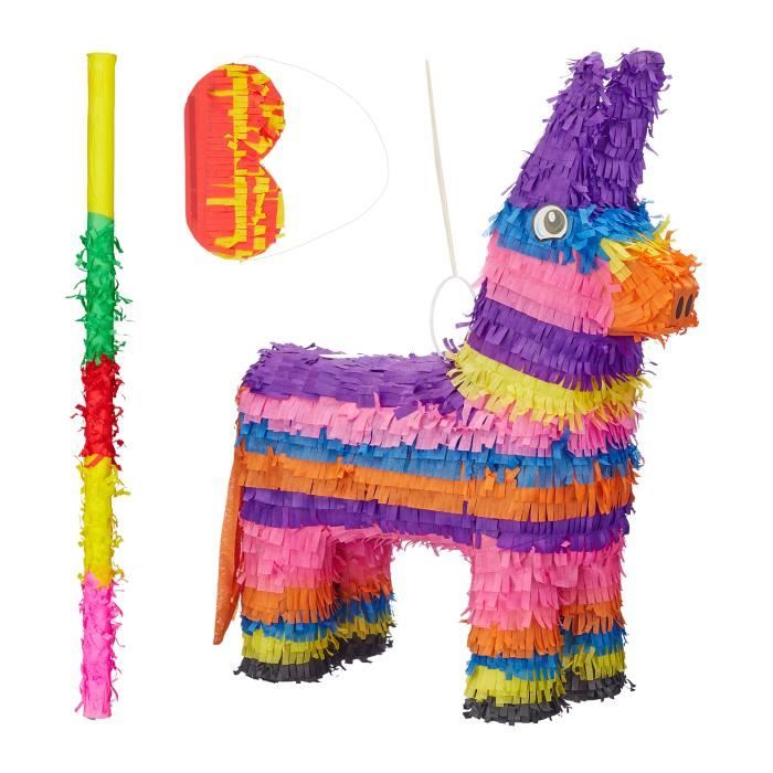 Pinata Set Esel bunt 3 tlg Pinatastab & Augenmaske Donkey Piñata Stock & Maske 