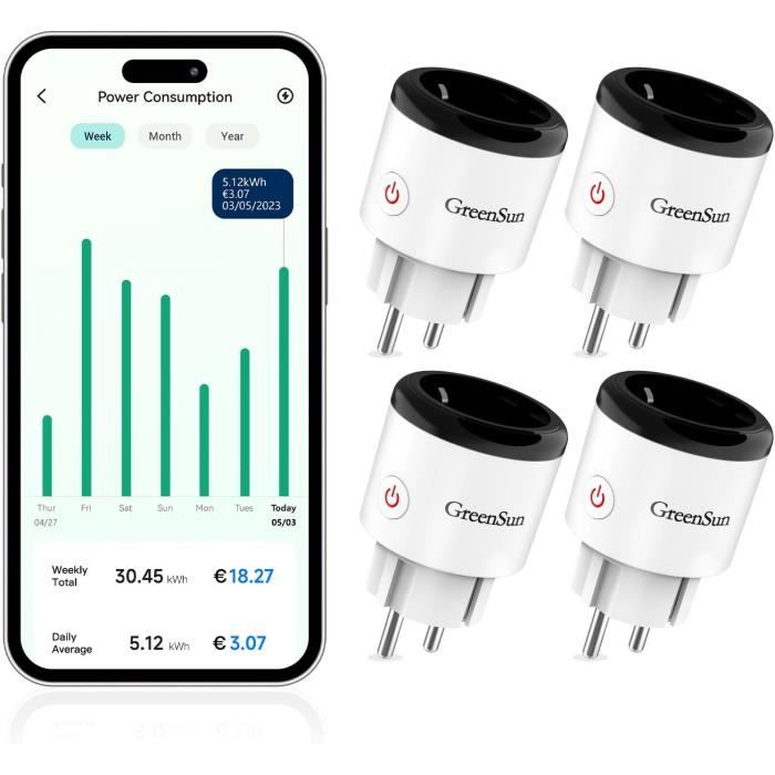 Prise Connectée WiFi GreenSun - 16A - Compatible Alexa - Mesure Consommation - Lot De 4
