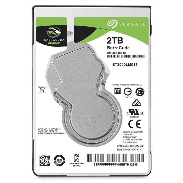 Disque dur SEAGATE BarraCuda 2.5'' 2000Go Série ATA III Capacité Vitesse de rotation 5400 Toursmin - vue 1