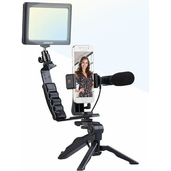 Kit de vlogging - SOMIKON - Lampe LED microphone trépied - Éclairage doux - Support smartphone - Noir