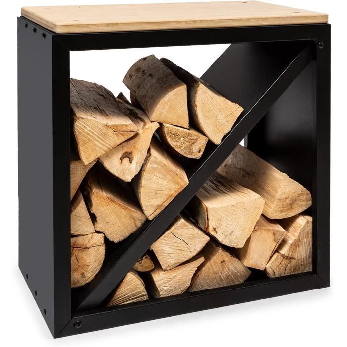 Blumfeldt Rangement Bois De Chauffage Banc Bambou Carré Noir - Intérieur Extérieur