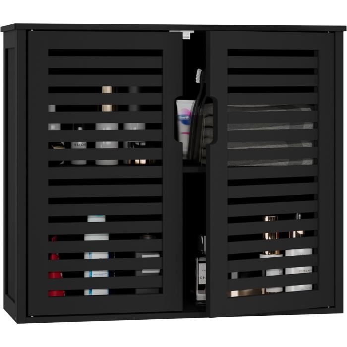 Armoire Salle De Bain Murale En Bambou - Portes Doubles, Étagère Réglable, Noir 51.5cm