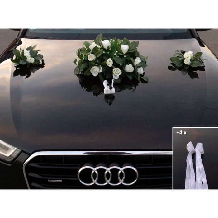 Guirlande Roses Artificielles Pour Voiture De Mariage - Tulle + Fleur Soie, Ventouse Incluse, Blanc