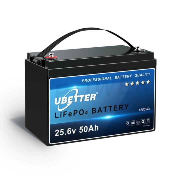 UBETTER Batterie au lithium LiFePO4 25.6V 50Ah LiFePO4 avec BMS 200 A, batterie pour camping-car, camping-car, remorque