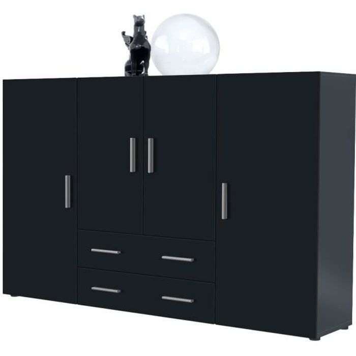 Vladon Buffet haut Nora meuble avec 8 compartiments et 2 tiroirs caisson en Anthracite mat façades en Noir mat