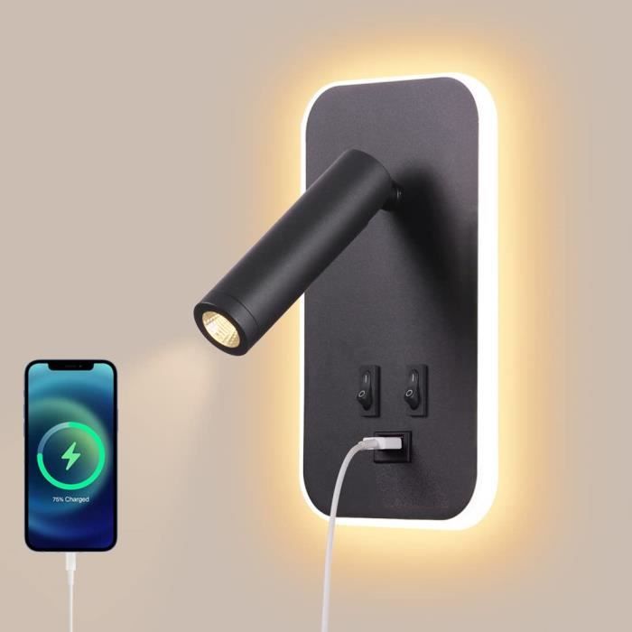 Applique murale LED - YANSION - 3W 3000K liseuse de chevet avec interrupteur et port de charge USB