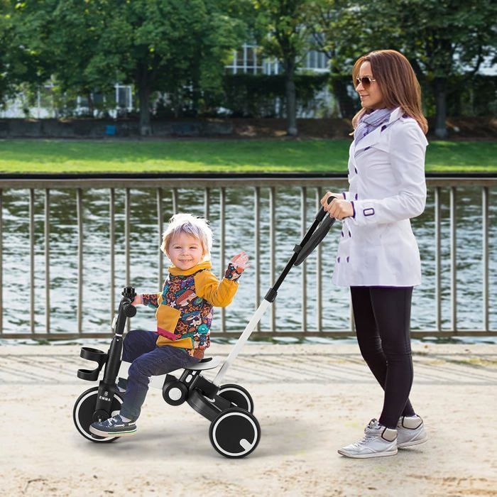 FableKids Tricycle 7-en-1 Évolutif – Poussette Parentale Pliable – Direction Parentale – Porte-Gobelet – Sonnette – Blanc – Dès 18 Mois