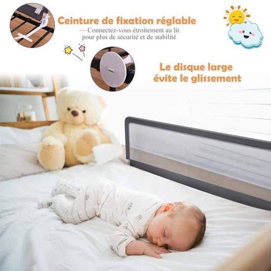 Barrière de Lit Pliable Bébé/Enfant COSTWAY - Gris - 120x42CM - Tissu  Oxford Doux - Sécurité et Confort