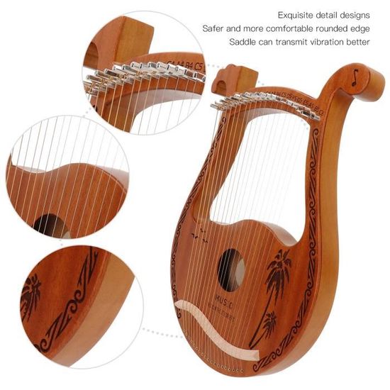 Harpe Lyra En Acajou 10 Cordes Métal - Instrument à Cordes Avec Clé D'Accordage, Cordes De Rechange & Housse - 13