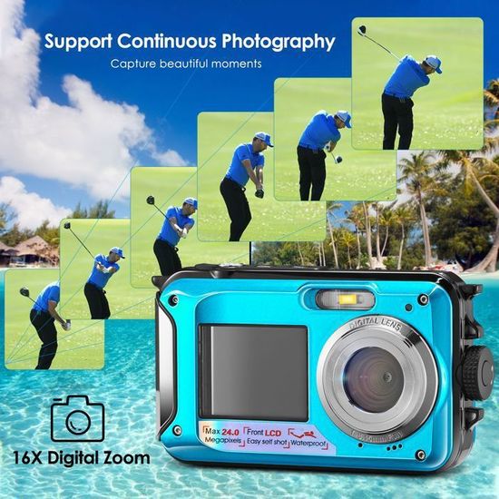Appareil Photo Numérique Étanche 1080P 30MP - Caméra Sous-Marine 10 Pieds - Zoom 16x - Carte 32 Go Incluse