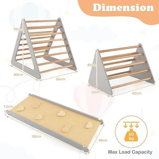 GOPLUS Triangle D’escalade Montessori – Filet, échelle, Planche Et Toboggan – 4 En 1 – 50 Kg – 1 An+ – Gris