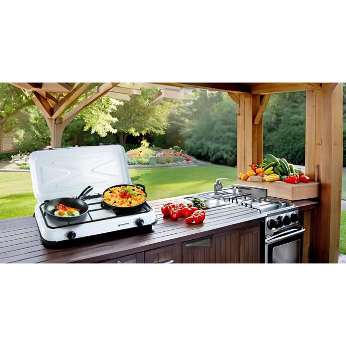 Levkitch Réchaud Camping 2 Feux + Plaque Grill - Réchaud Gaz Portable Aluminium Avec Valise - Puissant Pour Pique-Nique Randonnée
