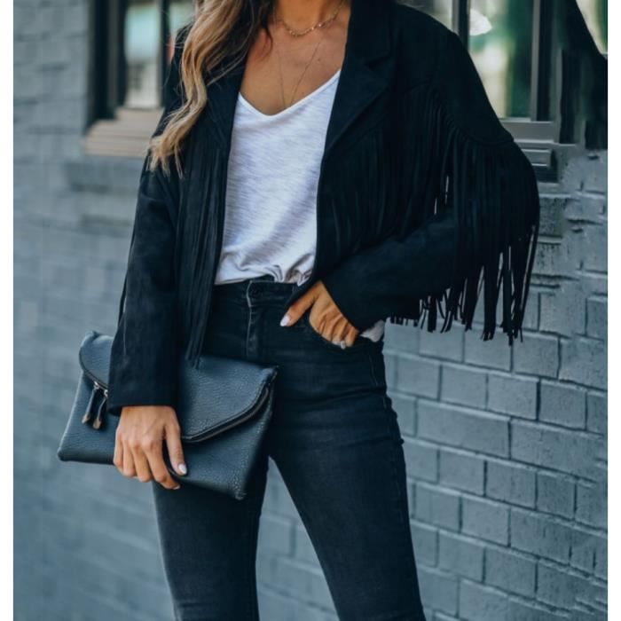 Gilet asym trique femme noir pas cher cuir simili Veste d t manches longues Blouse Blouson fille Ch le Veste printemp pas cher