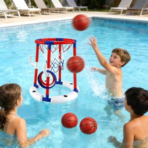 Panier de Basket 2 en 1 Flottant avec Jeu Lancer d'Anneaux, Jouets de Piscine Gonflables, 4 Ballons, 12 Anneaux et Pompe Inclus - Jeux - Jouets