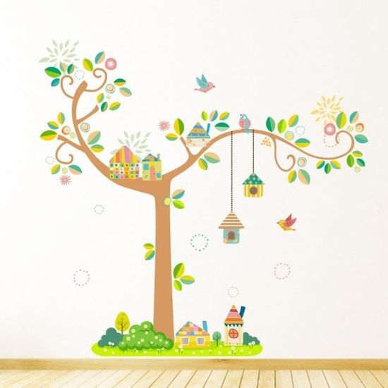 Autocollant Mural Forêt Bouleau écureuils, Vinyle Amovible, Déco Pépinière Bébé, Art Mural Nature