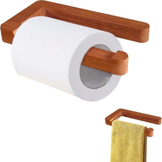Porte Papier Toilette Bois Naturel SAUNNIHEN - Support Mural Adhésif Ou Vis - Sans Percage