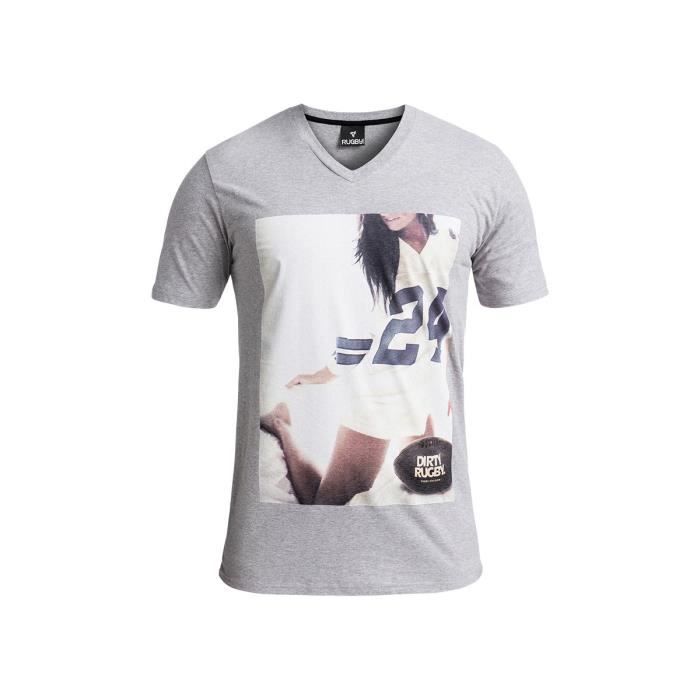 RUGBY DIVISION - Tee shirt manches courtes CASTING col V gris chiné 100% coton