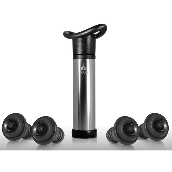 VinoCareⓇ Pompe à Vin - Coffret Vacu Sommelier avec 4x Bouchons Triple Flange - La Meilleure façon de Conserver son Vin