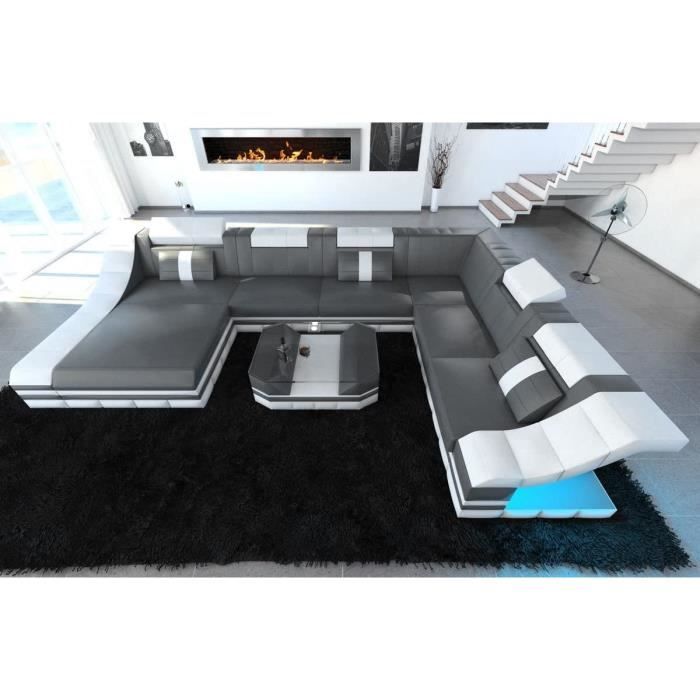 XXL Intérieur Design Torino Cuir Gris-Blanc Canapé Coin Canapé Cuir Canapé Designersofa LED Eclairage Lumière Appuie-Tête Etc