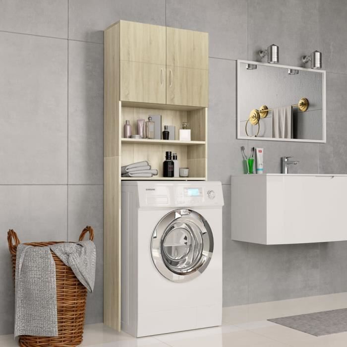 Meuble de machine à laver Armoire de Salle de Bain pour Lave-Linge Chêne Sonoma 64x25,5x190 cm Aggloméré