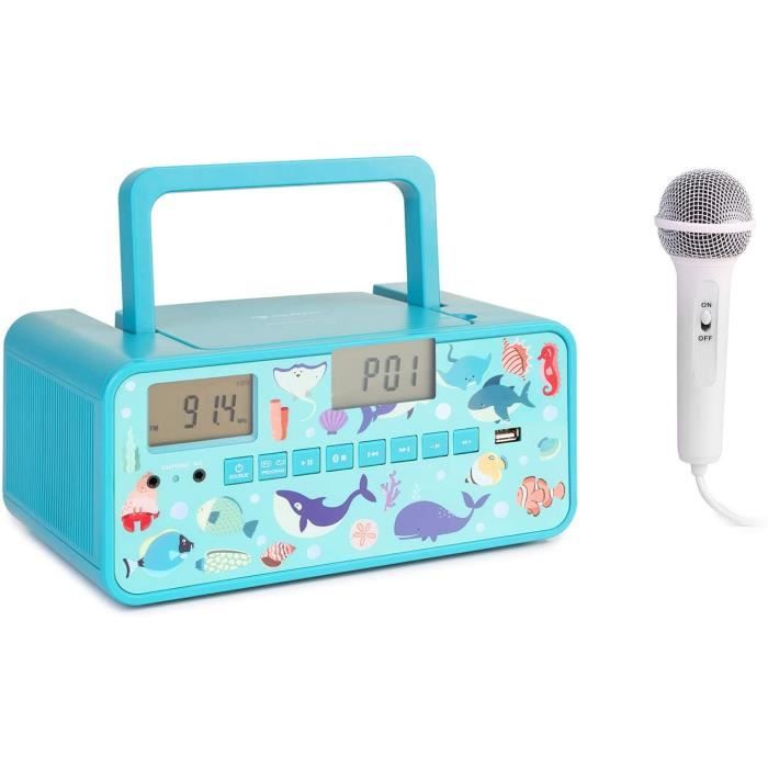 Kidsbox - Boombox CD, Lecteur CD, Micro Portable, Bluetooth, Port USB, écran LCD, sur Piles/Secteur, Prise Casque 3,5 mm - Turquoise