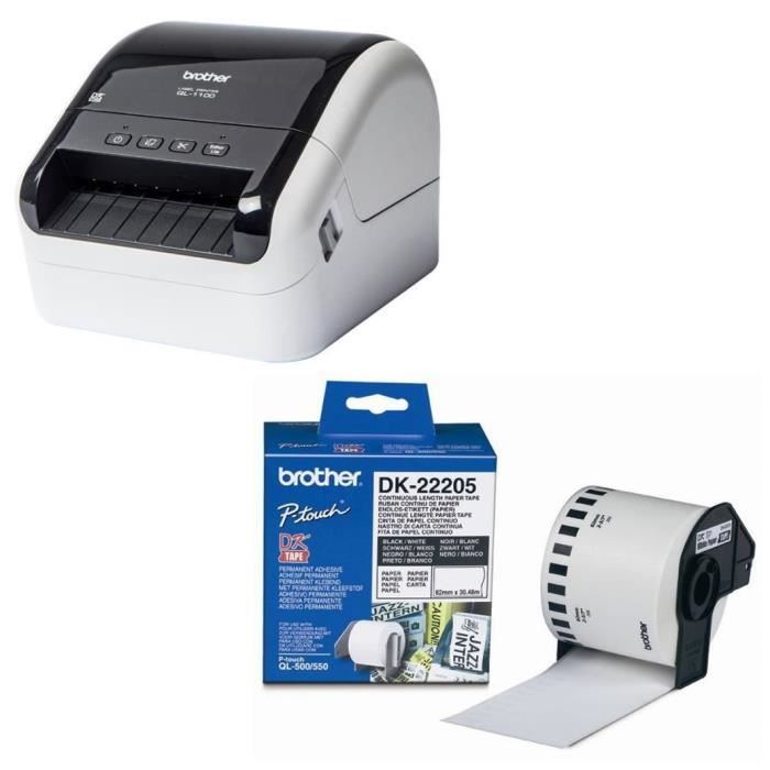 BROTHER Imprimante d'étiquettes professionnelle QL-1100 + Ruban papier P-TOUCH DK-22205