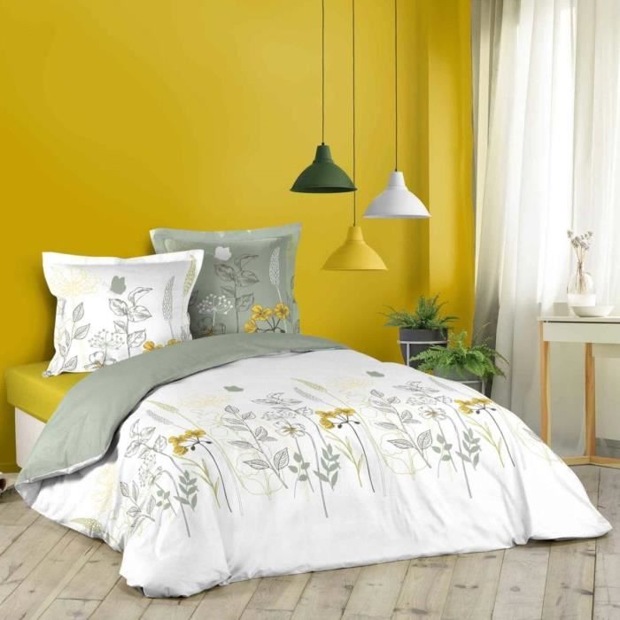 Housse de couette 240x260 Fleurs des Champs + 2 taies 100% coton 42 fils Blanc