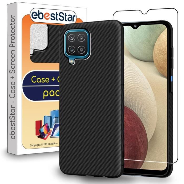 ebestStar ® pour Samsung Galaxy A12 SM-A125F Coque Gel Motif Fibre Carbone Luxe TPU + Film protection écran en VERRE Trempé, Noir