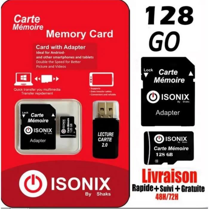 ISONIX Carte Mémoire Micro-sd 128 go Micro SDHC/SDXC + Adaptateur 100% Réel Class 10 + lecture carte