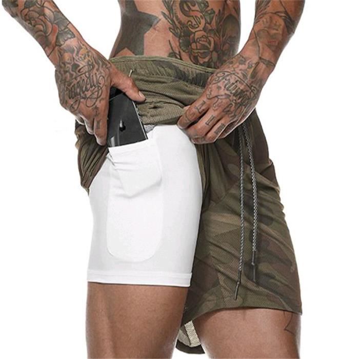 Short De Sport Hommes Avec Slip Short De Course Compression Legging 2 En 1 En Maille Séchage Rapide Coupe Droite