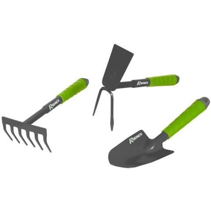 Lot de 3 outils de jardinage en acier : râteau, serfouette, transplanteur